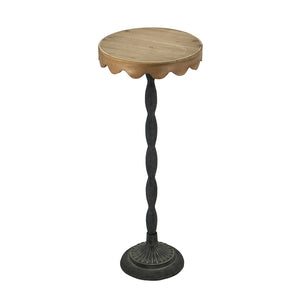 English Elm D12x29.5" Black Iron Side Table with Scalloped Brown Top — Slim Pedestal End Table, Plant Stand, Versatile Decor W2078P409174