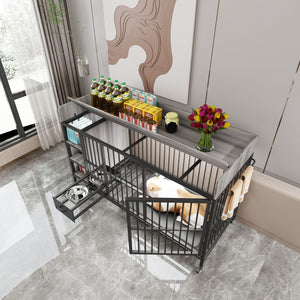 English Elm Large Iron Mdf Pet Enclosure with Storage Cabinet Rolling Casters and Steel Feeding Basins W3064P245385