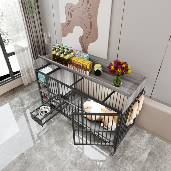 English Elm Large Iron Mdf Pet Enclosure with Storage Cabinet Rolling Casters and Steel Feeding Basins W3064P245385