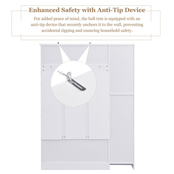 English Elm VIBE Modern 79" Hall Tree with 6 Cabinets, Bench Seating, Adjustable Shelf & 4 Metal Hooks for Entryway White SJ000148AAK