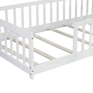 English Elm Twin Solid Rubberwood Floor Bed with Full Perimeter Safety Rails for Toddler Rooms White W504P296795