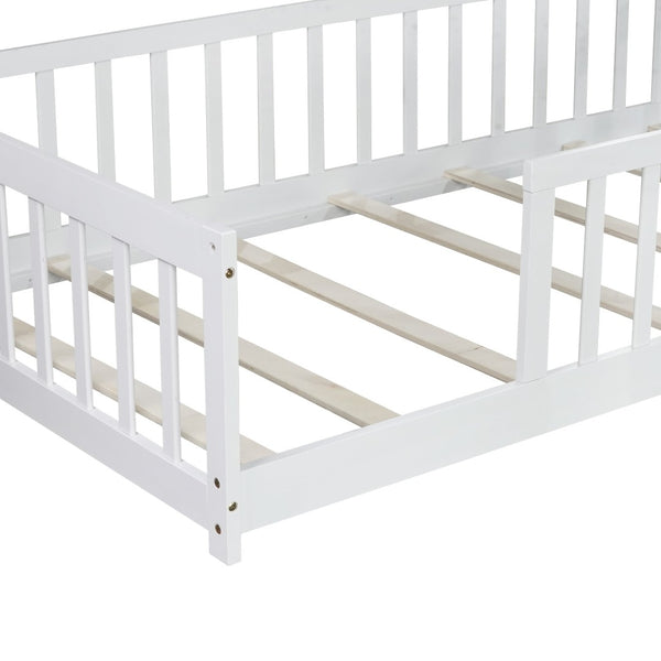 English Elm Twin Solid Rubberwood Floor Bed with Full Perimeter Safety Rails for Toddler Rooms White W504P296795