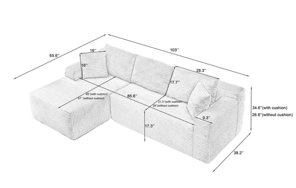 English Elm L-shaped Corduroy Cloud Sectional Deep Seat Modular Sofa for Living Room or Bedroom W2339S00116