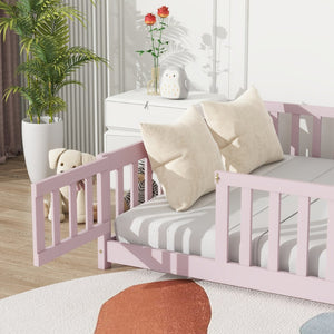 English Elm Twin Solid Rubberwood Floor Bed with Full Perimeter Safety Rails for Toddler Rooms Pink W504P296791