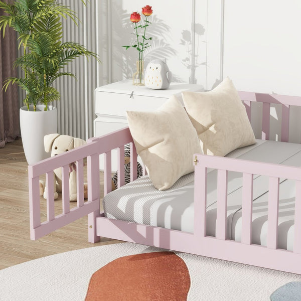 English Elm Twin Solid Rubberwood Floor Bed with Full Perimeter Safety Rails for Toddler Rooms Pink W504P296791