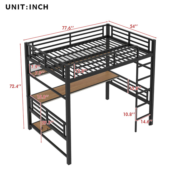 English Elm Full Size Metal Loft Bed Frame with Desk, LED Lights, Storage Shelves & Guardrails for Gamers DL002208AAB