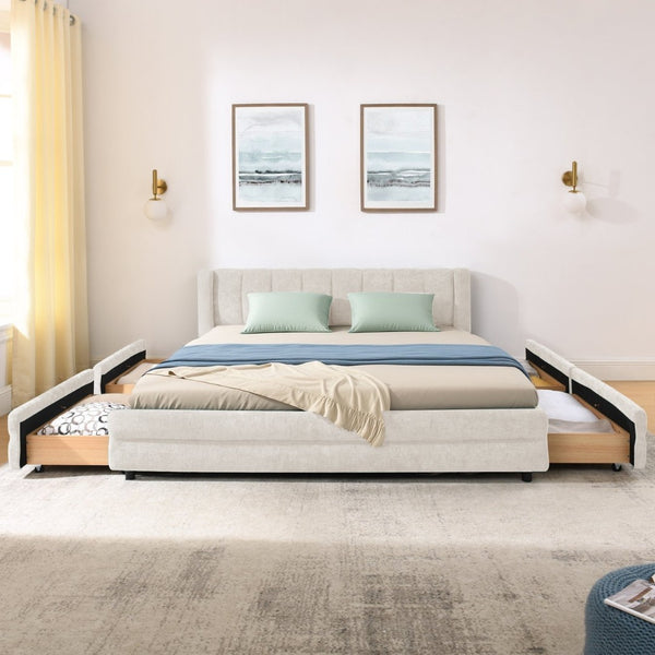 English Elm Queen Chenille Upholstered Storage Bed Wingback Headboard Platform Frame Bedroom Beige W487S00417