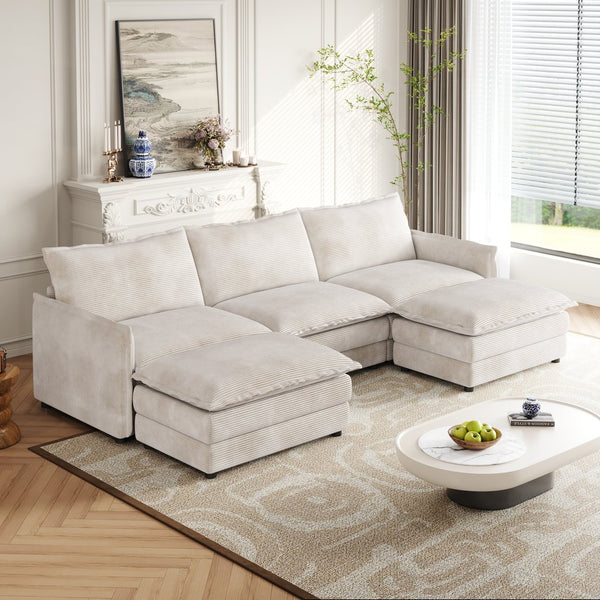 English Elm Corduroy 3-Seater Cloud Couch With Movable Footrests - Oversized U-Shaped Sofa For Ultimate Comfort W834S00427