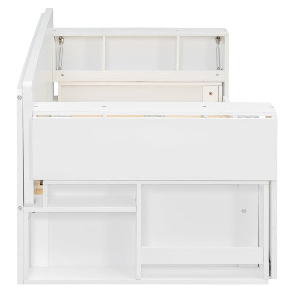 English Elm Full Size Daybed with Hydraulic Desk Armrests Storage Drawer and Sofa Seating White LT000271AAK