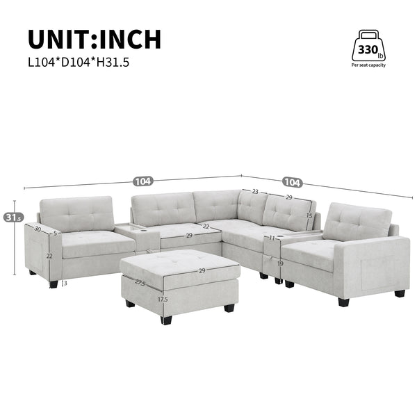 English Elm 104'' Sectional Sofa with Acrylic Table Top, Chenille Tufted U-Shaped Couch with Consoles, USB Charging, Storage Drawers and Ottoman for Living Room, Apartment Light Gray N723S0191K