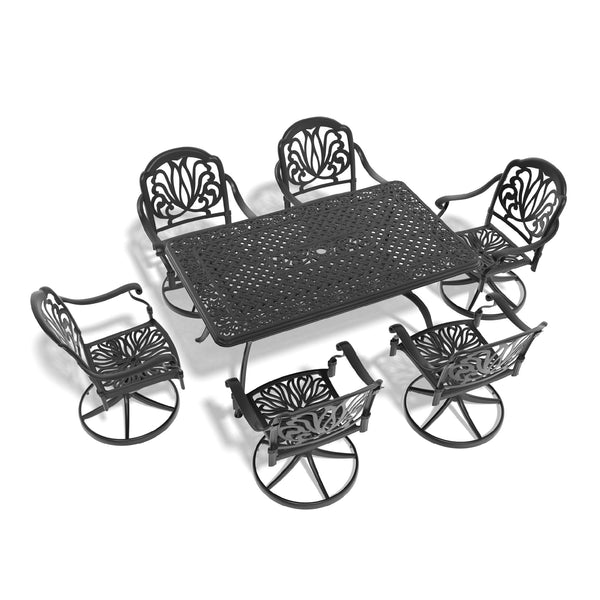 English Elm 7-Piece All-Weather Cast Aluminum Dining Set With Swivel Chairs, Cushions & Umbrella-Ready Table W1710S00282