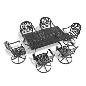 English Elm 7-Piece All-Weather Cast Aluminum Dining Set With Swivel Chairs, Cushions & Umbrella Hole For Comfort W1710S00461