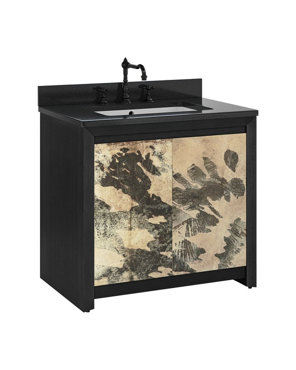 Currey & Company Karlson 36" Bath Vanity With Abstract Pattern Doors, Black Granite Top & Undermount Sink Storage Solutions Black Oak Solids & Veneer ,Leather Vellum ,Granite ,Vitreous China 3800-0014-currey-company