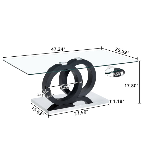 English Elm Modern Glass Top MDF Coffee Table with Interlocking Circle Base, Minimalist Living Room Centerpiece Black W3226P279046