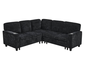 English Elm L-Shaped Sofa with Pull-Out Bed and Storage, 5-Seat Sectional with USB, Cup Holders, Cozy Chenille Charcoal grey W1998S00061