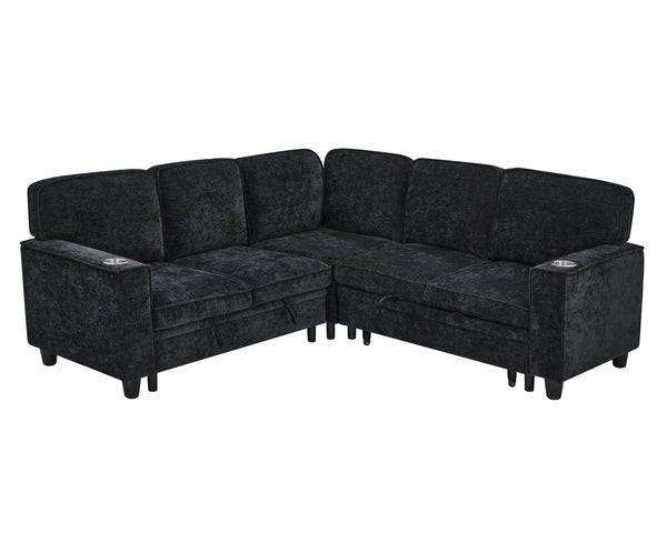 English Elm L-Shaped Sofa with Pull-Out Bed and Storage, 5-Seat Sectional with USB, Cup Holders, Cozy Chenille Charcoal grey W1998S00061