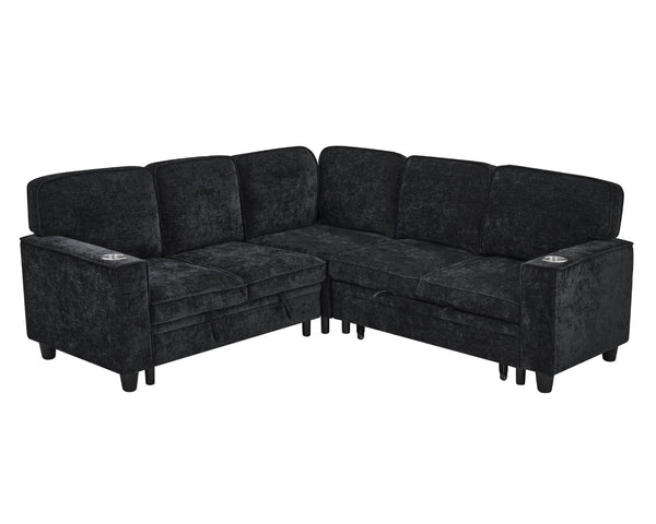 English Elm L-shaped Chenille Sectional Sleeper Sofa with Storage and Usb Charging Ports Charcoal Grey W1998S00088