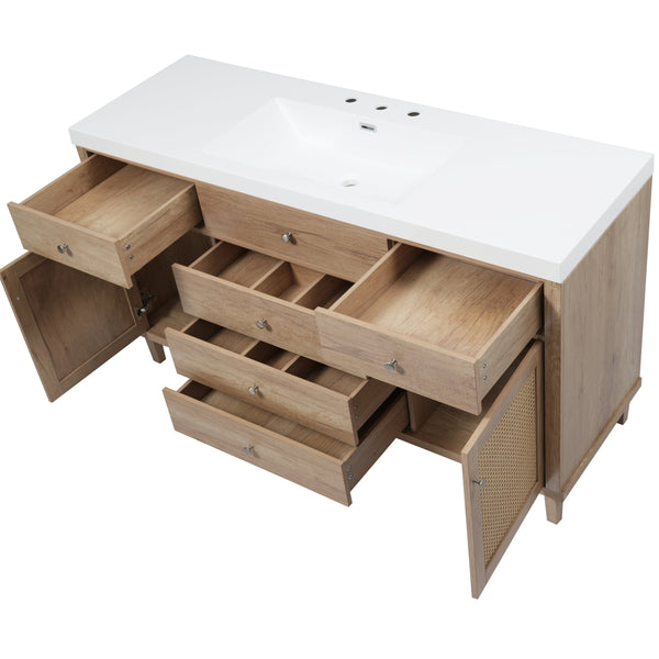 English Elm Christopher Knight Home® - 60" Modern Bathroom Vanity with Durable SMC Sink, Rattan Doors, Soft-Close Drawers, Pine Legs Antique Natural N817P296130N