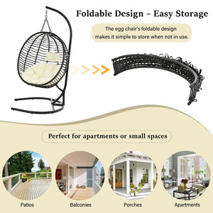English Elm U_style Wicker Hanging Egg Chair with Stand Hdpe Cocoon Swing for Balcony Garden Black+Beige N711P389503A