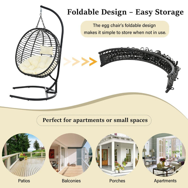 English Elm U_style Wicker Hanging Egg Chair with Stand Hdpe Cocoon Swing for Balcony Garden Black+Beige N711P389503A