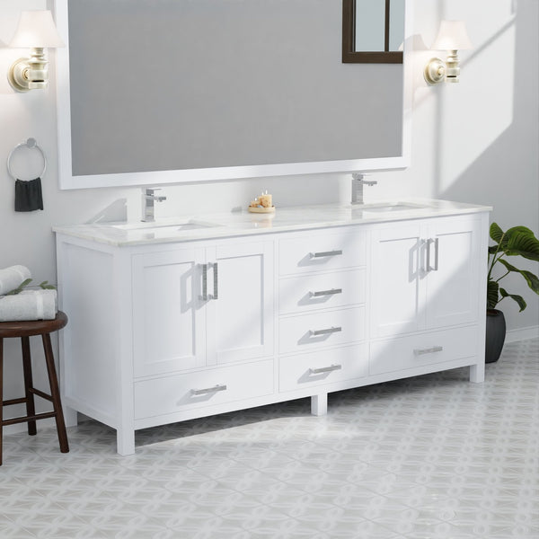 English Elm White Double Bath Vanity 84" W x 22" D with Carrara Marble Top, 14 Drawers, Soft-Close, Faucet Included B2731P259146