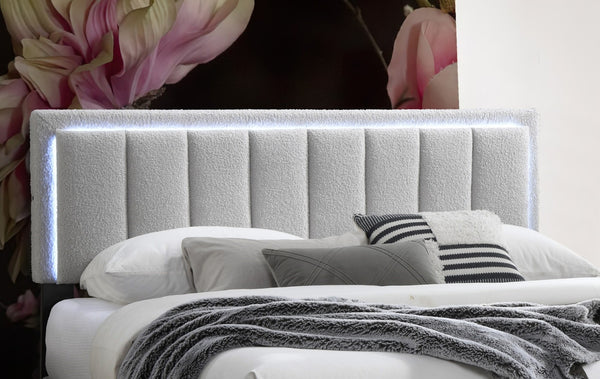 English Elm 1pc Full Upholstered Platform Bed Wool Fabric Channel Tufted Headboard with Led Lighting Light Gray B011P417511