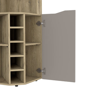 English Elm Obregon Corner Bar Cabinet with Ten Slot Wine Rack and Stemware Storage in Warm Neutral B200S00391