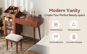 English Elm Modern Makeup Vanity Desk with Reeded Glass Door, 4-Compartment Cubby, Charging Port & Stool Comfortable Craftsmanship for Compact Spaces Walnut N844P285187W