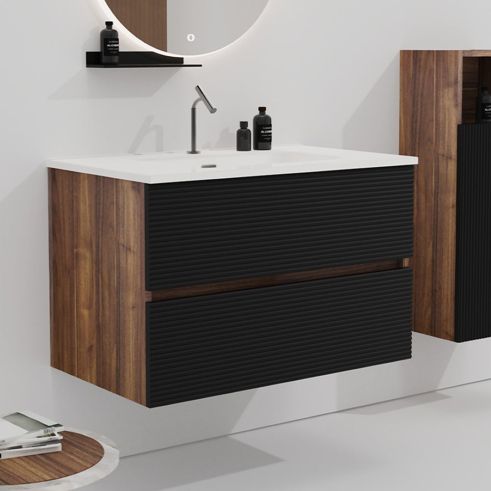 English Elm Gloria Floating Bathroom Vanity with Ceramic Sink Soft Black Walnut Modern Storage W1865S00174