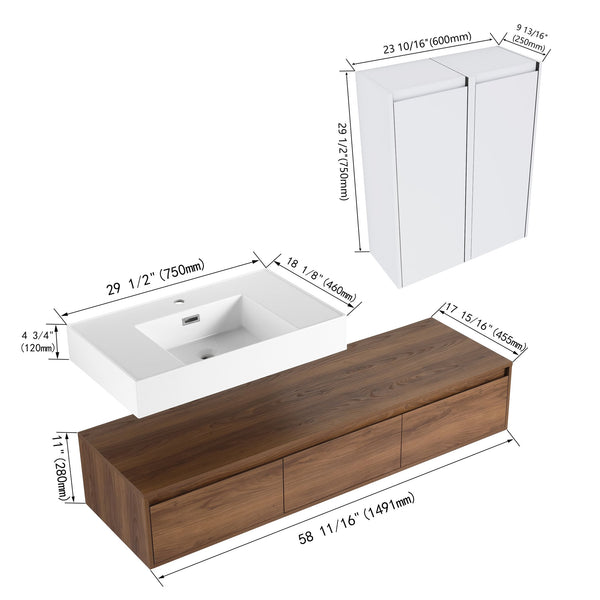 English Elm 60-Inch Wall-Mounted Vanity With Molded Resin Sink, 2 Side Cabinets & 3 Soft-Close Drawers For Storage W999S00285