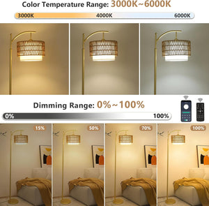 English Elm Gold Boho Floor Lamp with Remote Dimmable LED, Dual Rattan & Fabric Shades, Adjustable Arc Light Brown+Gold W2738P185403
