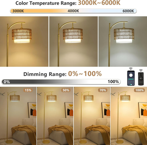 English Elm Gold Boho Floor Lamp with Remote Dimmable LED, Dual Rattan & Fabric Shades, Adjustable Arc Light Brown+Gold W2738P185403