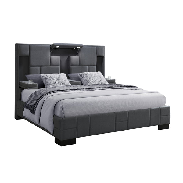 English Elm YARIS Queen Bed with Fold-Down Armrests, Built-In Wireless Charger, LED Lights & Speakers Dark Gray 70.4 L x 60.4 W x 8.07 H B201S00185