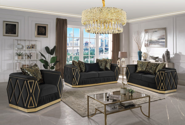 English Elm Cavalli Glam Three Piece Living Room Set Diamond Upholstery with Brushed Gold Metal Legs Black+Gold B009S02183