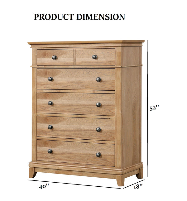 English Elm Farmhouse 1pc Chest 6-Drawer Dovetail Construction Felt-Lined Top Drawer Metal Glides Oak Finish B2741P369851