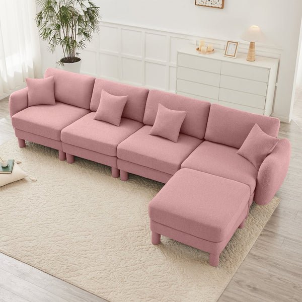English Elm Boucle Fabric Convertible L-Shape Sectional Sofa With Shell Armrests & Removable Ottoman In Pink W3041S00296