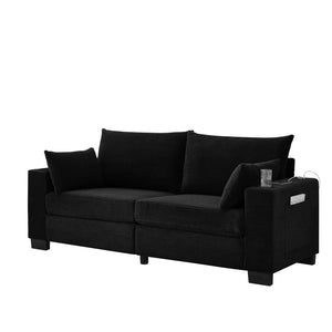 English Elm 78"corduroy Plush Three Seat Sofa with Usb Ports Cup Holders Deep Cushions Apartment Black W3705P455916