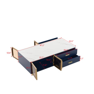 English Elm Modern Blue MDF Coffee Table 47.2" with Marble White Top, Gold Legs, 2 Glass Doors, 4 Drawers, LED N735P167910