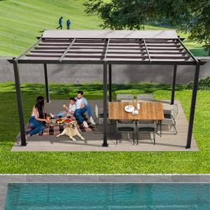 English Elm 11 11 X 16 FT Retractable Pergola with Weather-Resistant Canopy, Aluminum Frame, Easy Assembly, Versatile Outdoor Shade and Entertainment Space Dark Gray W1859S00078
