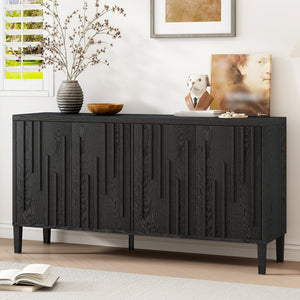 English Elm U_Style 59.8" 4-Door Sideboard with Solid Ash Veneer, Hidden Handles, Spacious Buffet Storage for Home Black N711P290714B