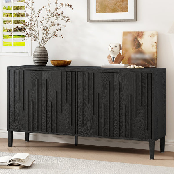 English Elm U_Style 59.8" 4-Door Sideboard with Solid Ash Veneer, Hidden Handles, Spacious Buffet Storage for Home Black N711P290714B