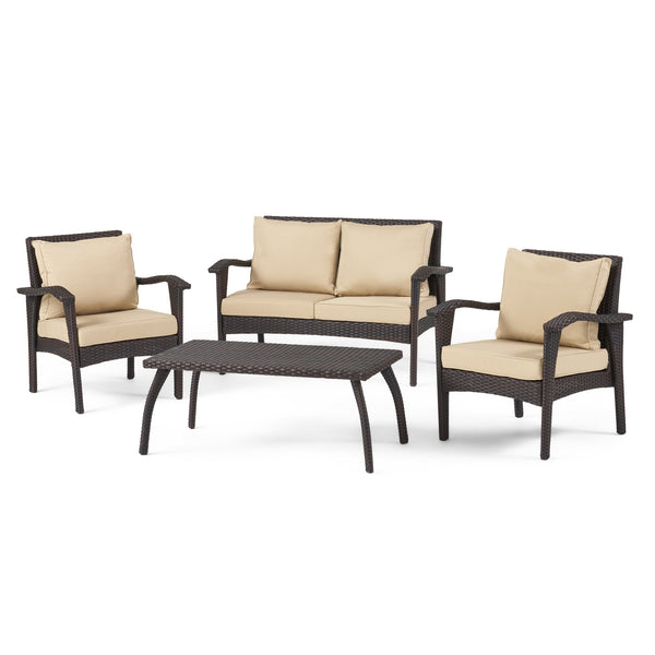 English Elm Christopher Knight Home® - HONOLULU Stylish 4PC PE Wicker Patio Set with Durable Iron Frame, Waterproof Cushions, Compact Lounge Brown+Tan 52917.00IRN