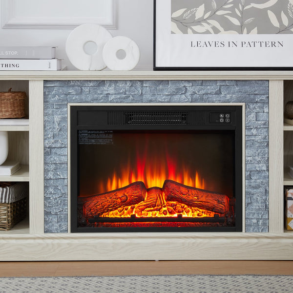 English Elm Large Faux Stacked Stone TV Desk Storage Rack with 23" Fireplace Insert, White Media Console, 75" TV Ready, Ample Storage, Adjustable Shelves, Cable Management W1758S00014