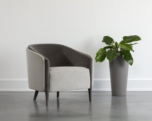 Sunpan SHEVA Armchair - Elegant Barrel-Back Design in Ernst Sandstone & Meg Ash for Modern Interiors 110340