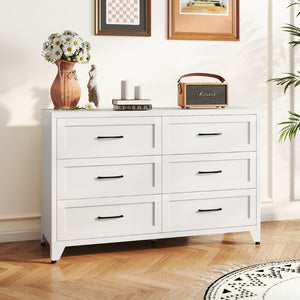English Elm 6 Drawer White Steel Dresser Low Profile Powder Coated Frame for Bedroom or Hallway T2398P465981