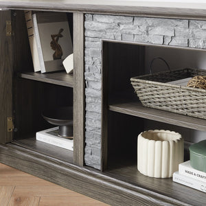 English Elm 70" Modern TV Stand with Faux Stone Top, Spacious 2-Door Media Console with Cable Management and Adjustable Shelves, Vintage Metal Handles, Durable MDF Construction for Living Room Entertainment (Fits up to 75") Grey W2275P342688