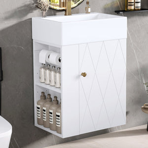 English Elm 20 Modern Wall-Mounted Bathroom Vanity with Ceramic Sink, Diamond Door, Gold Handles & Shelves — Compact White N725P314033K