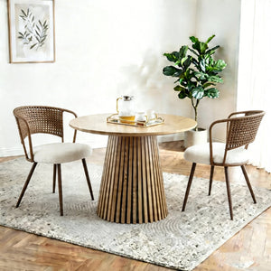 English Elm Round Wood Top Dining Set with Rattan High Back Chairs for Farmhouse Kitchen Nooks Dark Brown,Natural W3590S00021