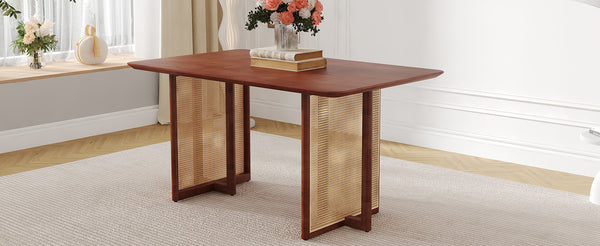 English Elm Chinese country retro solid dining table with imitation rattan legs, solid rubber frame, versatile desk Walnut W1151P154595