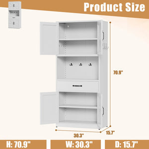 English Elm 71 Inch Steel Kitchen Pantry Cabinet with Adjustable Shelves Drawer and Hooks Modern White T2398P413028